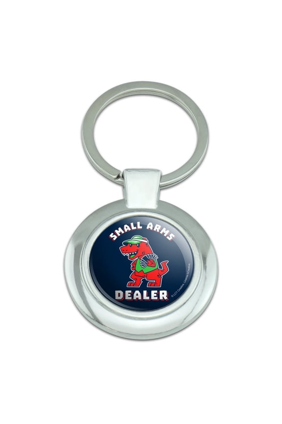 Small Arms Dealer T-Rex Card Poker Funny Humor Keychain Classy Round Chrome Plated Metal