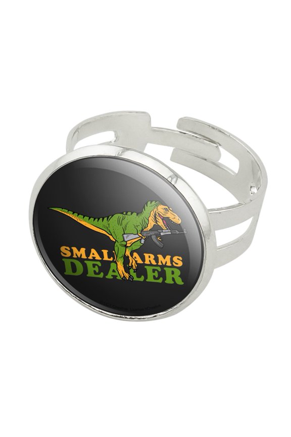 Small Arms Dealer Weapons Dinosaur T-Rex Funny Humor Silver Plated Adjustable Novelty Ring