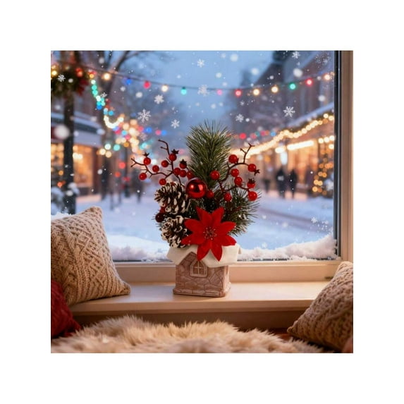 Small Artificial Christmas Tree Tabletop Decoration - Mini Tree With Red Berry And Pine Cone Ornaments On Red Stump For Indoor Holiday Decor