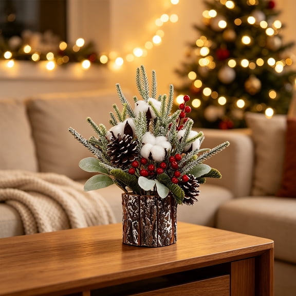 Small Artificial Cotton Pinecone Christmas Tree - Potted Pine Tree Tabletop Arrangement, for Dining Table Fireplace Window Sill Table Centerpiece