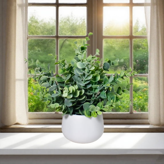 Small Artificial Eucalyptus Plants Fake Potted Greenery with White Ceramic Pot - Lifelike Indoor Decorative Plants for Home Bedroom Office Shelf Kitchen Table Decor - 11 Inch, 1 Pack