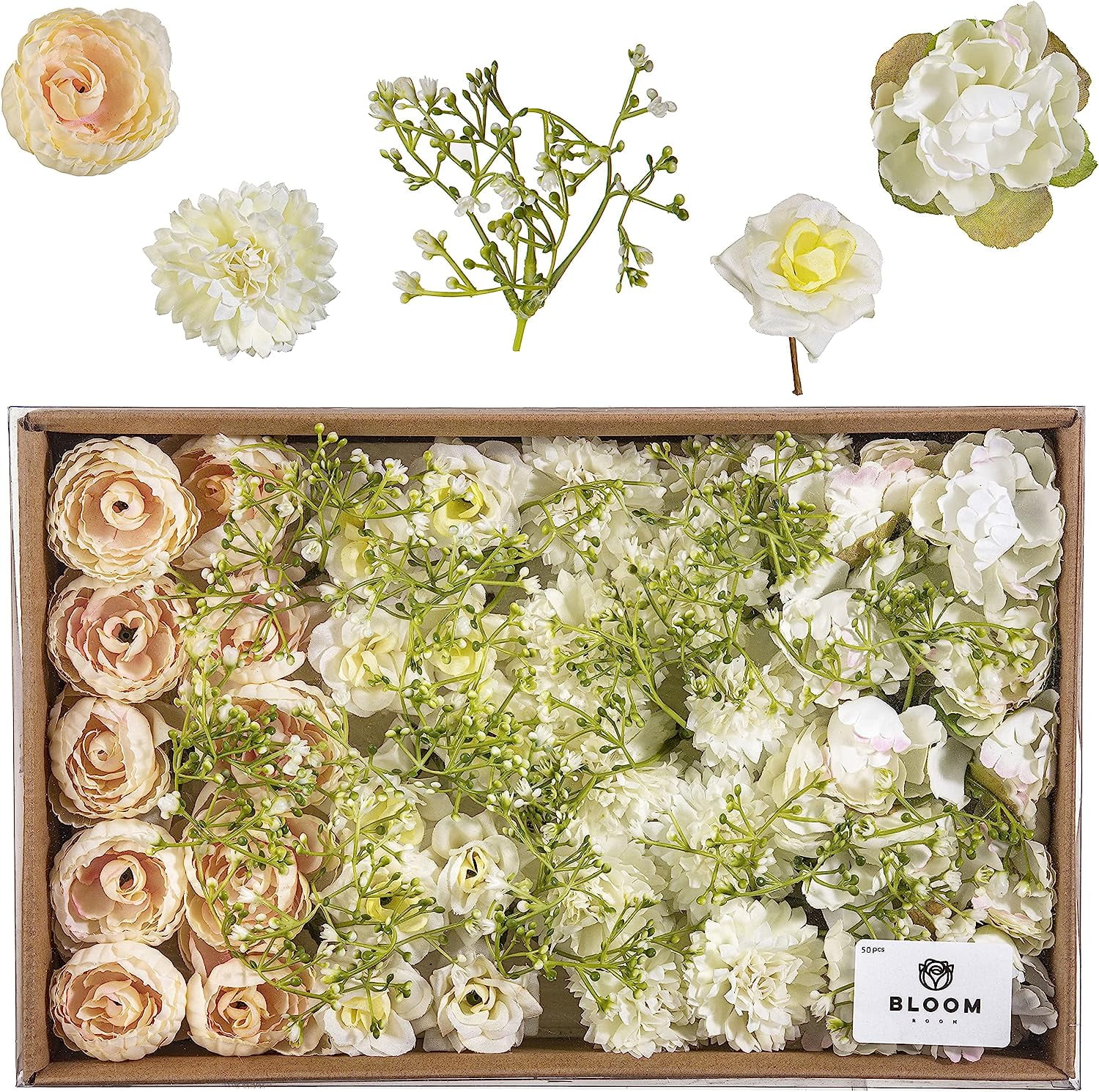 Small Artificial Flowers Bulk 50pcs Assorted White Roses and Fake