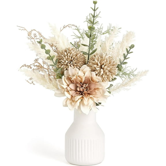 Small Artificial Flowers in Ceramic Vase 13.5" Centerpieces Coffee Table Decor, Silk Flower Arrangements for Home Decor Indoor Fake Flower Bouquet for Bathroom Dining Room Kitchen Wedding Brown