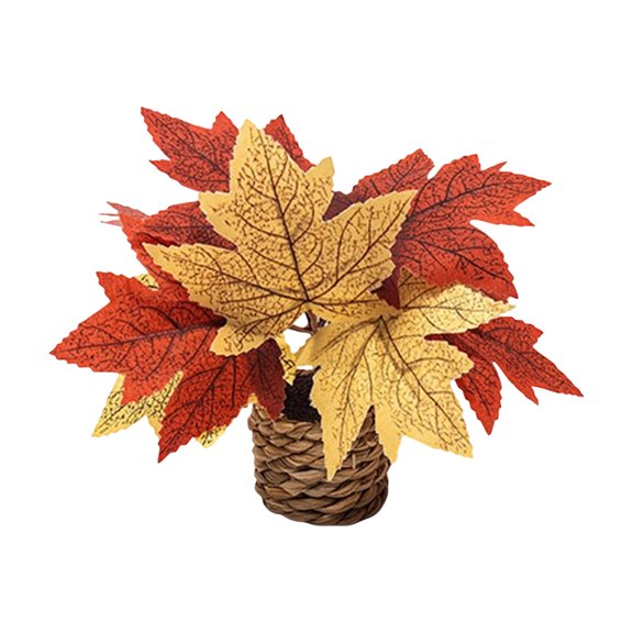 Small Artificial Maple Leaves in Rattan Basket, Mini Fake Fall Foliage Decor, Realistic Autumn Centerpiece for Desk Table Shelf, Thanksgiving Halloween Home Office Decoration No Maintenance