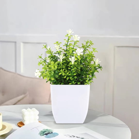 Small Artificial Potted Plant with Flowers, Faux Indoor Fake Plant for Bathroom Kitchen Office Desk Home Decor, No Maintenance Plastic Greenery 7 Inch Tall