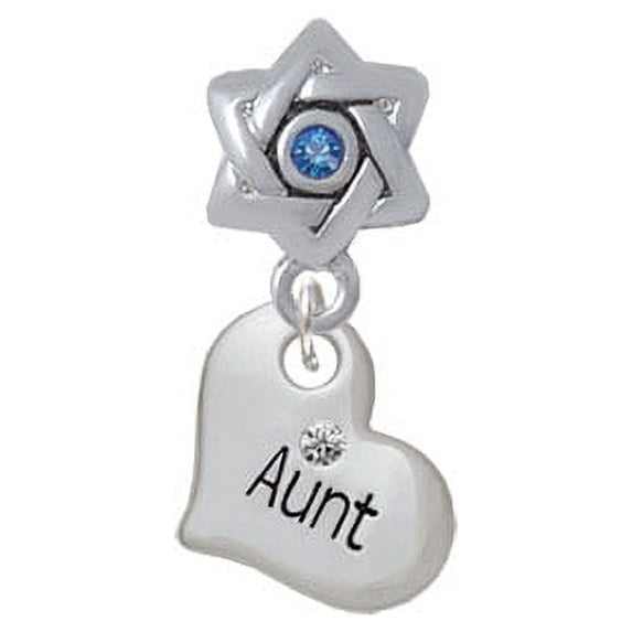 Small ''Aunt'' Heart with Clear Crystal - Star of David with Blue Crystal Charm Bead