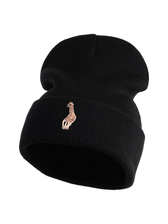 Small Baby Giraffe Animal Embroidered Iron on Patched 12 Inch Long Knitted Beanie - Black OSFM