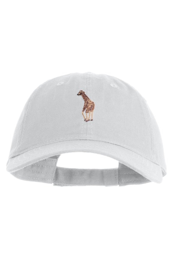 Small Baby Giraffe Animal Embroidered Iron on Patched 6 Panel Washed Low Profile Dad Hat - White OSFM