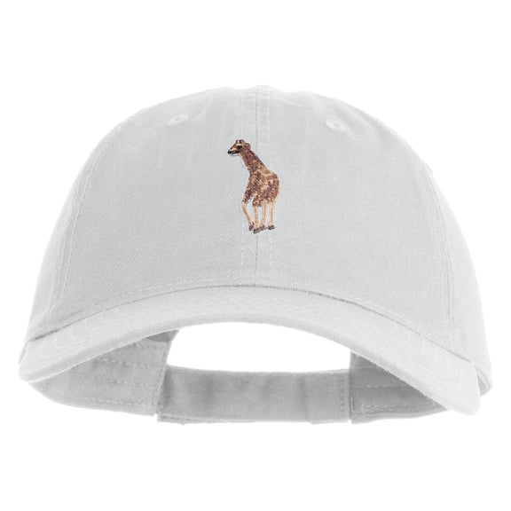 Small Baby Giraffe Animal Embroidered Iron on Patched 6 Panel Washed Low Profile Dad Hat - White OSFM