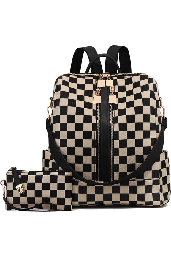 Small Backpack Purse for Women Checkered Back Pack Purses Ladies Shoulder Handbags for Travel Work (Black)-dh