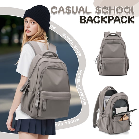 Cute Aesthetic Backpacks for College with USB Charge, Simple School Backpack for Teen High School Students, Medium Waterproof School Bag for Women Men with Pockets Casual Daypack Bookbag Gray