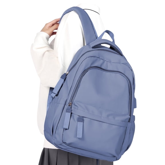 Cute Aesthetic Backpack with USB Charge for College, Waterproof Schoolbag with Pockets, Medium Casual Daypack for Students Teens Women Men, Blue