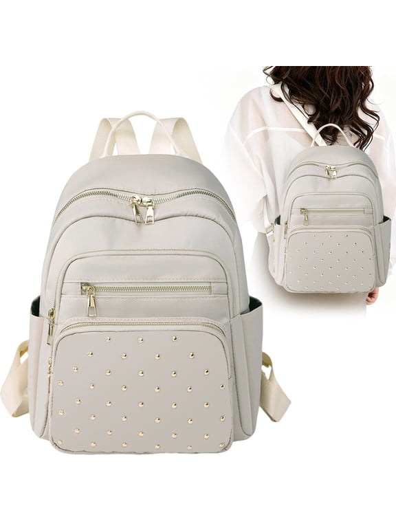 Small Backpack for Women Beige Mini Travel Backpack Purse Small Purses Cute Lightweight Back Pack Trendy Studded Bag