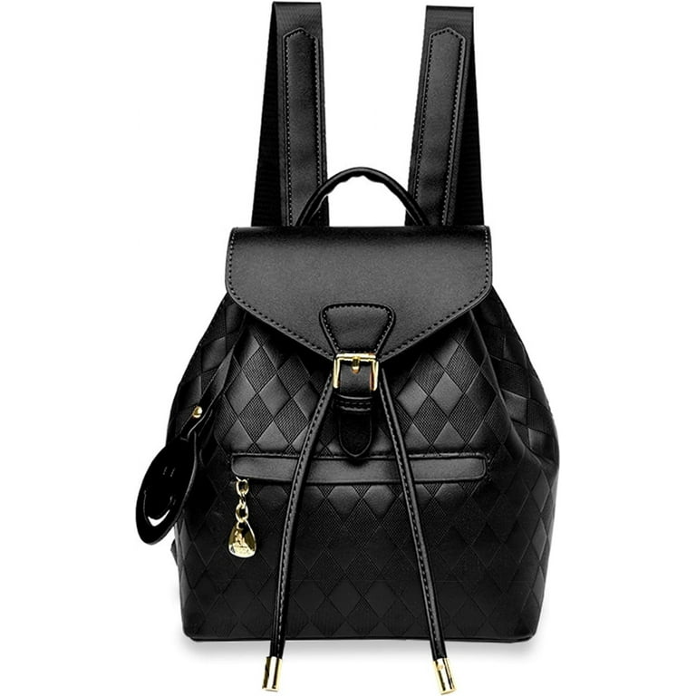 Small Backpack for Women Drawstring Mini Backpack Faux Leather Flap Checkered Backpack Purse for Women Black