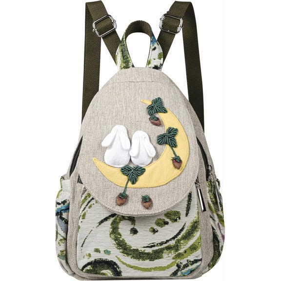 Small Backpack for WomenHippie Backpack Handmade Canvas Bags Casual Mini HandbagRabbit and Moon