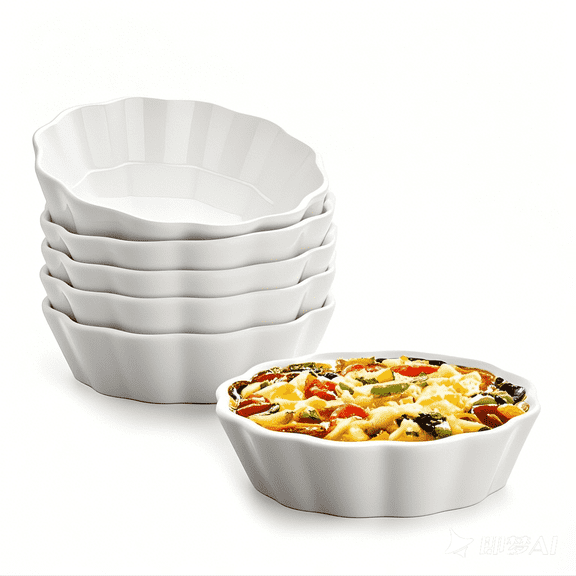 Small Baking Dish, 12 Oz Ramekins Oven Safe, Individual Mini Pie Pans for Quiche, Dessert, Tart, Creme Brulee, Ceramic Small Quiche Pan, Set of 6
