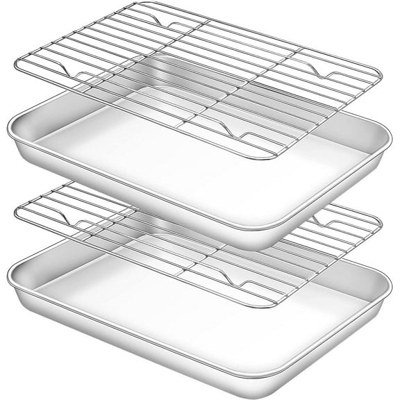 Small Baking Sheet with Cooling Rack Set [2 Baking Sheets + 2 Roast Racks], Manss Stainless Steel Small Cookie Sheets with Wire Rack, Nonstick, Heavy Duty & Dishwasher Safe, Size 9.33 x 6.96 x 1 Inch