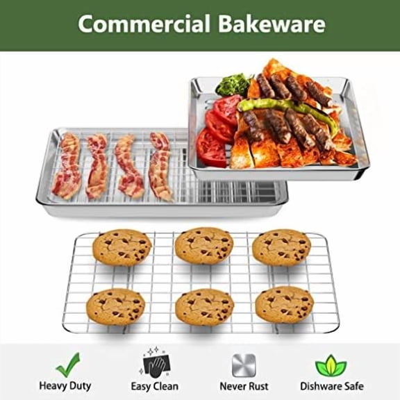 Small Baking Sheet Pan with Wire Rack Set [2 Pans + 2 Racks], 1/8 Stainless Steel Cookie Sheets for Oven, Warp Resistant & Heavy Duty & Rust Free, Size 9 x 7 x 1 Inches