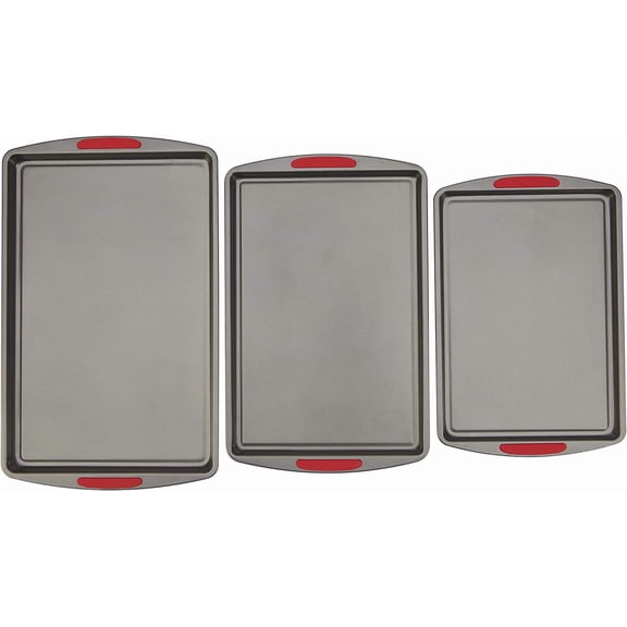 MegaGrip Set of 3 Nonstick Steel Multipurpose Cookie Sheets with Silicone Grip Handles, Gray