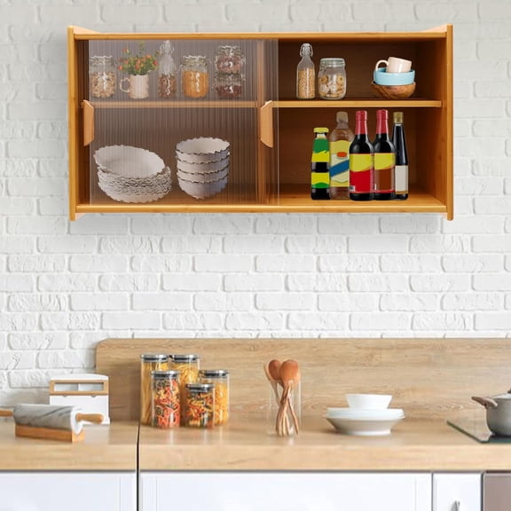 Small Bamboo Kitchen Pantry, Pantry Sideboard with 2 Sliding Glass Doors, Freestanding Countertop Storage Cabinet Adjustable, Console Dining Cupboard for Bottles Dish Bowl Spice (Log Color, 30.3"(L))