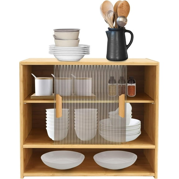 Small Bamboo Kitchen Pantry Sideboard with 2 Sliding Striped Glass Doors, Freestanding Countertop Storage Cabinet for Spice Seasoning Bottles, Dish, Bowl, Console Dining Cupboard (Log)