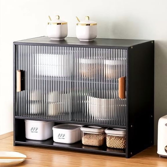 Small Bamboo Kitchen Pantry Sideboard, Freestanding Countertop Storage Cabinet with 2 Acrylic Doors Black Storage Shelf, Sliding Pantry Cabinet for Home Bar, Coffee Bar$$Furniture