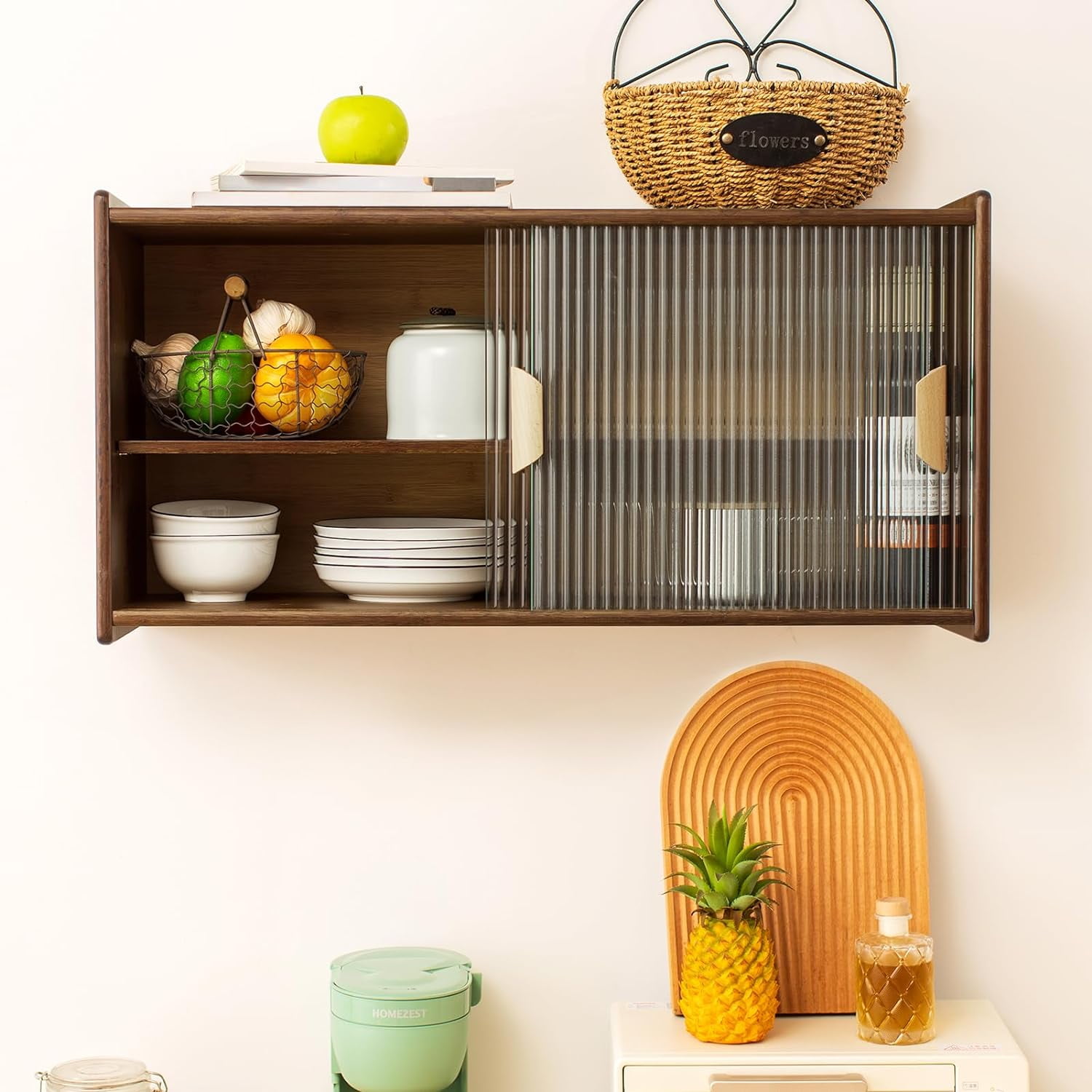 Small Bamboo Wall Mounted Kitchen Pantry Sideboard with 2 Doors, Coffee