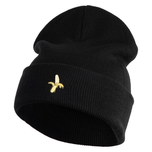 Small Banana Fruit Iron on Patched 12 Inch Long Knitted Beanie - Black OSFM