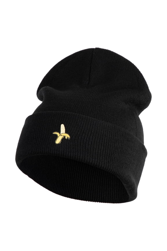 Small Banana Fruit Iron on Patched 12 Inch Long Knitted Beanie - Black OSFM
