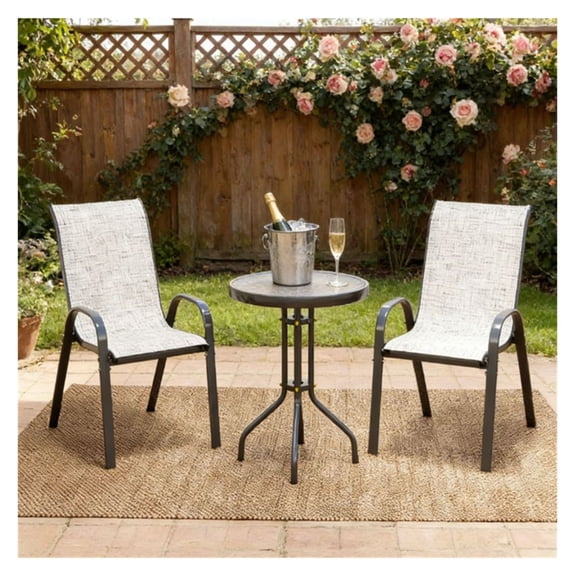 Small Bar Furniture Set - 3 Piece Outdoor Patio Set - Gray Bistro Set with Table & 2 Chairs - Space Saving Stackable Garden Furniture for Courtyard, Balcony