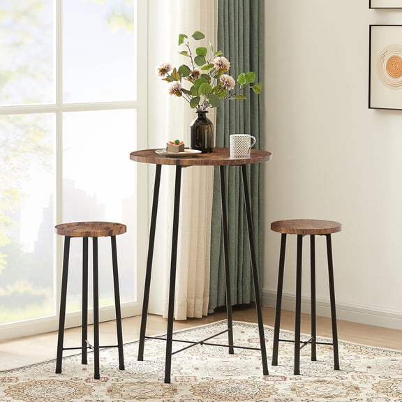 Small Bar Table and Chairs, Round Bistro Sets with 2 barstools, 3-Piece Pub Dining Furniture, Counter Height Wood Top for Breakfast Dinner Coffee Nap Conference, Easy Assembly, Brown