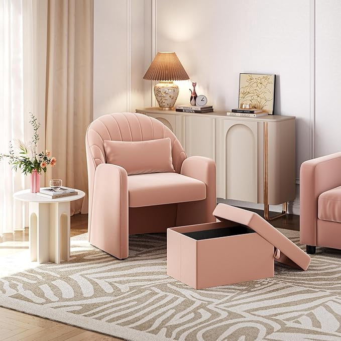 Small Barrel Accent Chair with Footrest, Velvet Modern Comfy Cute Elegant Reading Chairs with Lumbar Pillow Storage Box for Living Room Bedroom, Pink