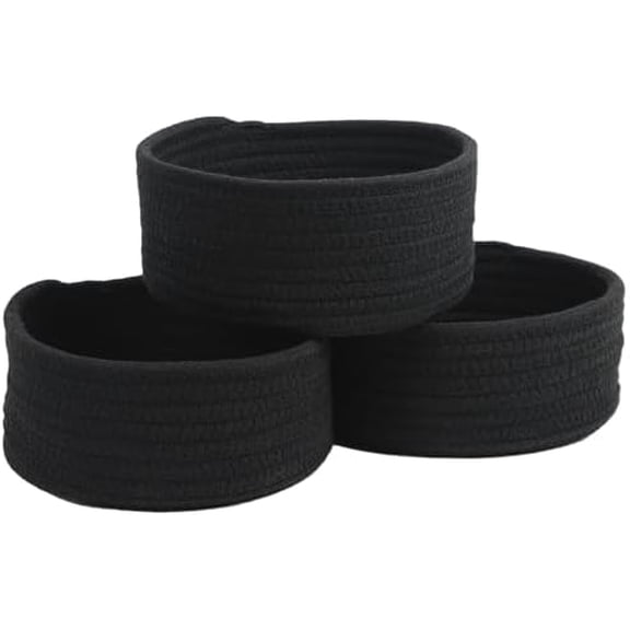 Small Basket, Set of 3 Woven Baskets, Cotton Rope Small Baskets for Organizing, Cute Mini Tiny Storage Basket for Gifts, Decorative Boho Round Bathroom Organization Bin (Black)