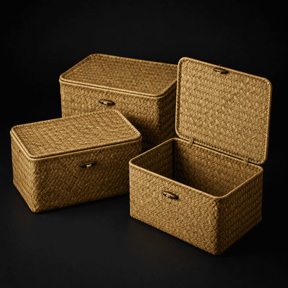 Small Basket With Lid Seagrbin Shbaskets Multipurpose Container For Boho Decoration Rectangular Household Storboxes Home Organization-