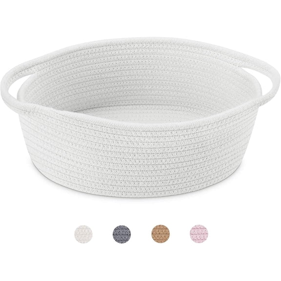 Small Basket with Handles, Boho Decorative Rope Woven Dog Cat Toy Storage Bin Shelf Storage Organizer, Easter Christmas Gift Basket, 12"x8"x5", White