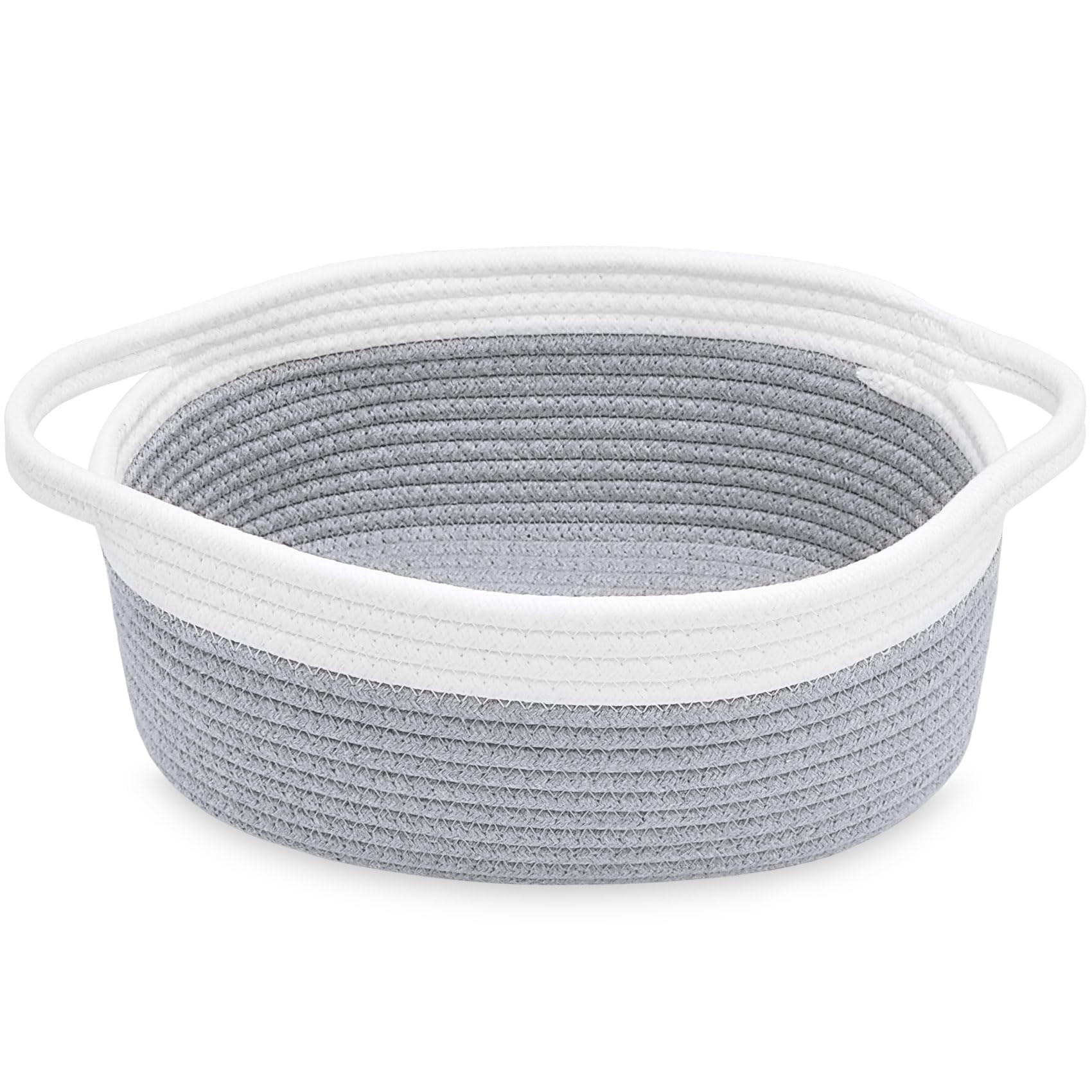 Small Basket with Handles, Boho Decorative Rope Woven Storage Bin Organizer, Pet Toy Storage, Easter and Holiday Gift Basket, 12"x8"x5", White