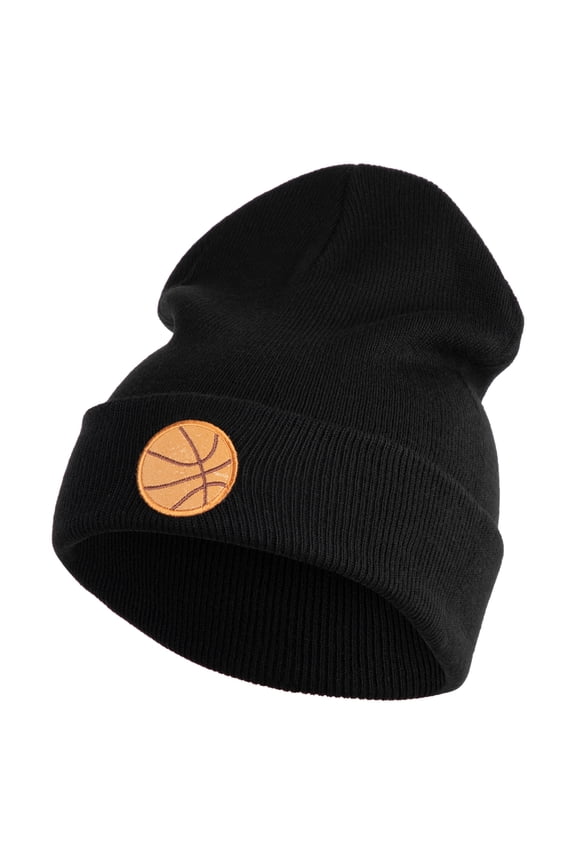 Small Basketball Iron on Patched 12 Inch Long Knitted Beanie - Black OSFM