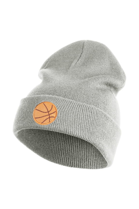 Small Basketball Iron on Patched 12 Inch Long Knitted Beanie - Heather Grey OSFM