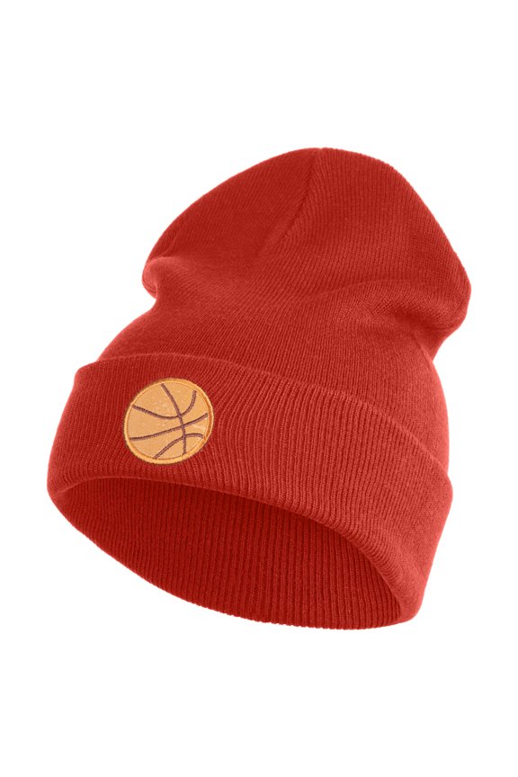 Small Basketball Iron on Patched 12 Inch Long Knitted Beanie - Rust OSFM
