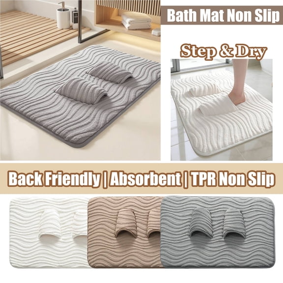 Small Bath Mat, Water Absorbing Bath Mat, Bath Mat Non Slip, Wave Textured Mat for Drying Feet Before Shoes, Non Slip TPR Base for Bathroom Door, Machine Washable, AKLJWH - #02 Gray【15.16"×25.59"】