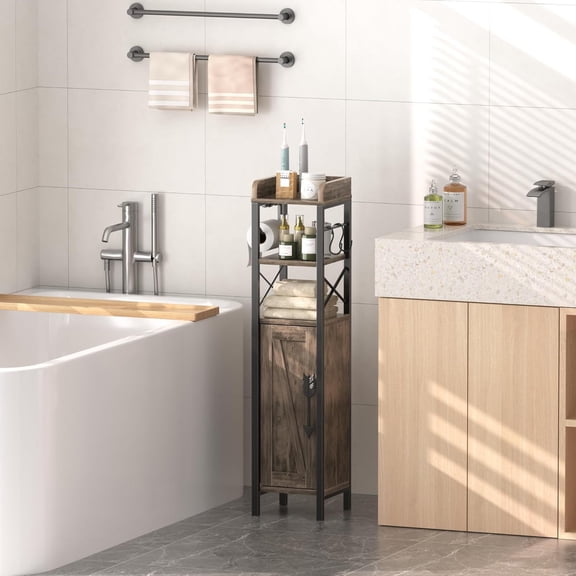 Small Bathroom Cabinet, Slim Toilet Paper Holder with Door&2 Shelves Metal Racks, Narrow Storage Organizers, Standing Farmhouse Style for Bathroom Restroom Tiny Space,Dark Brown