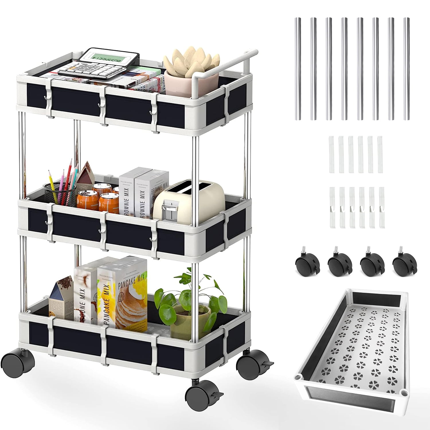 NUNET 2 Tier Rolling Storage Cart Kitchen or Bathroom Organizer with Wheels & Handle Adjustable Small Rolling Cart Cabinet Organizer Under Table Storage