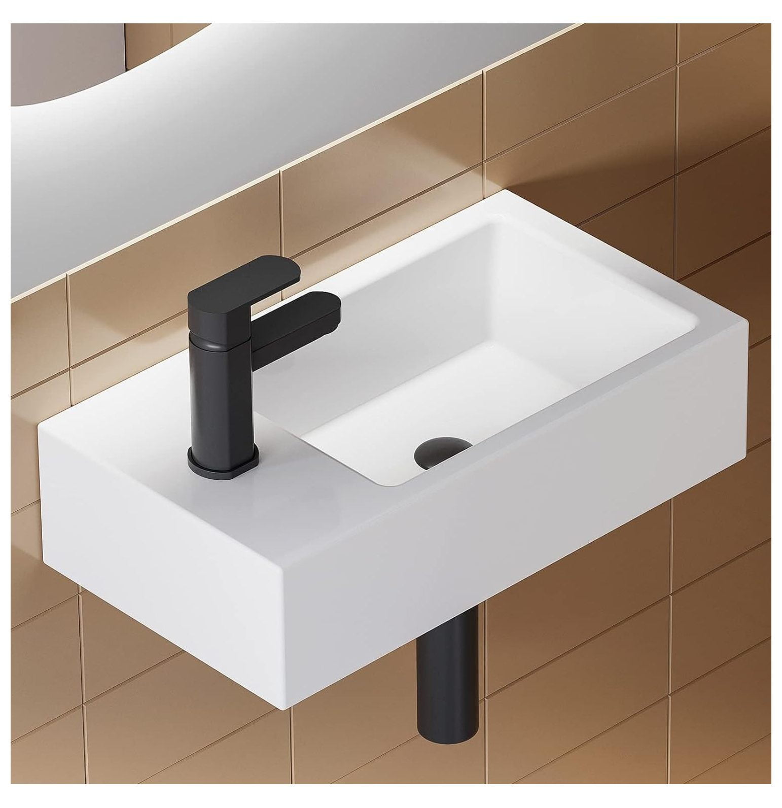 Small Bathroom Sink, CodYinFI 18" x10" Wall Mount Sink Rectangle White Porcelain Ceramic Vessel Sink for Tiny Bathrooms (Left Hand)