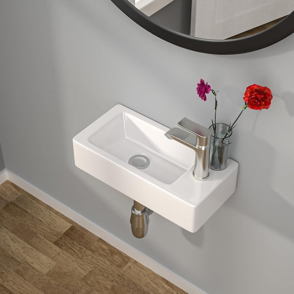 Small Bathroom Sink Wall Mounted - Wall Mounted Bathroom Sink Rectangle 15" x 7" with Faucet Hole Right Hand Tiny White Ceramic Wash Basin