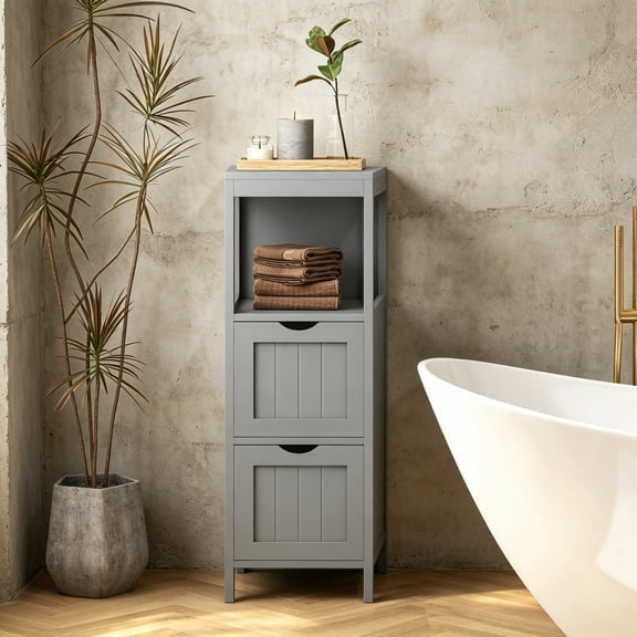 Small Bathroom Storage Cabinet with 2 Removable Drawers, Wood Freestanding Floor Cabinet for Bathroom, Anti-Tipping Device, Side Corner Cabinet for Small Spaces, Grey