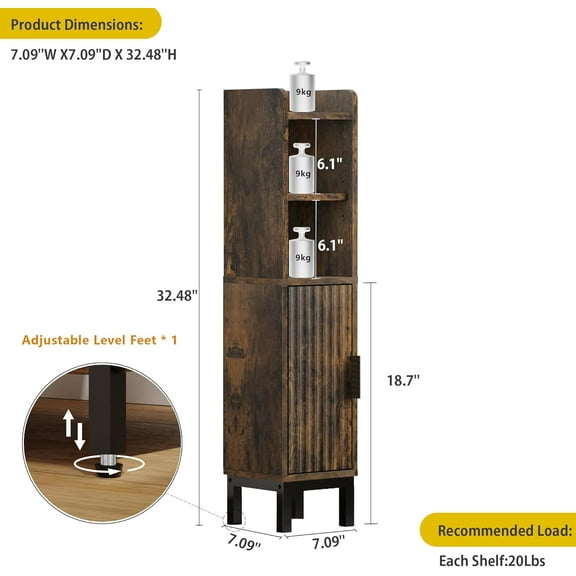 Small Bathroom Storage Cabinet, Corner Floor Narrow Toilet Paper Cabinet with Door and Shelves, Bathroom Organizer with Adjustable Shelf, for Small Spaces (Rustic Brown)