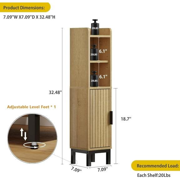 Small Bathroom Storage Cabinet, Corner Narrow Toilet Paper Floor Cabinet with Door and Shelves, Adjustable Shelf for Small Spaces (Oak)