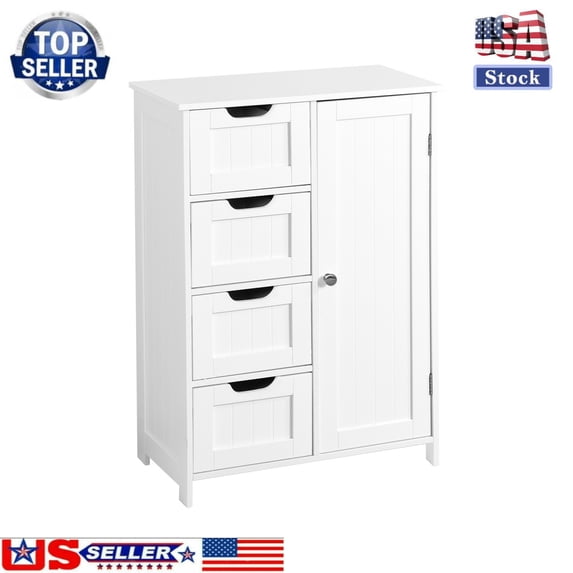Small Bathroom Storage Cabinet, Floor Cabinet with 4 Large Drawers and 1 Cupboard, Freestanding Compact Floor Towel Cabinet for Bathroom, Laundry Room, Entryway and Bedroom, White