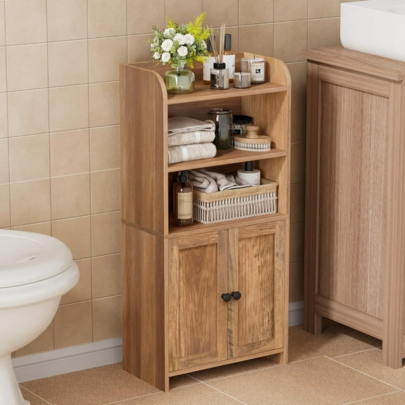 Small Bathroom Storage Cabinet, Freestanding Toilet Paper Storage with 2 Doors and Shelves, Bathroom Organizers and Storage for Small Spaces, 7.9" D x 14.6" W x 31" H, Rustic Walnut