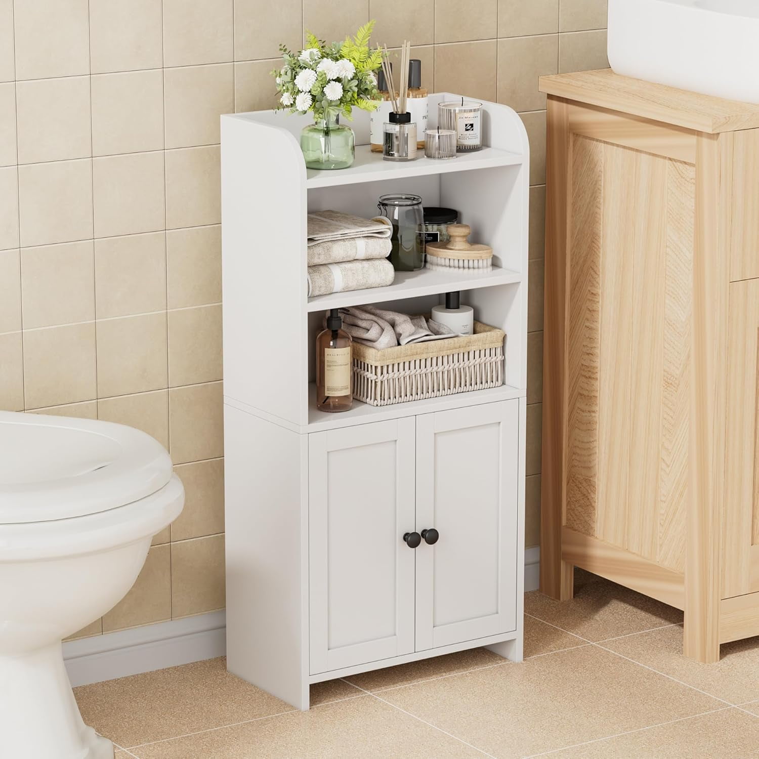 Small Bathroom Storage Cabinet, Freestanding Toilet Paper Storage with 2 Doors and Shelves, Bathroom Organizers and Storage for Small Spaces, Laundry Room, 7.9" D x 14.6" W x 31" H, White